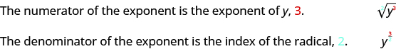 This figure says, “The numerator of the exponent is the exponent of y, 3.” It then shows the square root of y cubed. The figure then says, “The denominator of the exponent is the index of the radical, 2.” It then shows y to the 3/2 power.