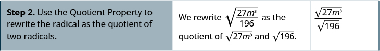 The second row says, “Step 2. Use the Quotient Property to rewrite the radical as the quotient of two radicals.” Then it says, “We rewrite the square root of 27 m cubed over 196 as the quotient of the square root of 27 m cubed and the square root of 196.” Then it shows the square root of 27 m cubed over the square root of 196.