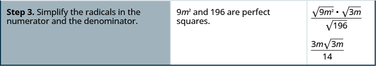 The third row says, “Step 3. Simplify the radicals in the numerator and the denominator.” Then it says, “9 m squared and 196 are perfect squares.” It then shows the square root of 9 m squared time the square root of 3 m over the square root of 196. It then shows 3 m times the square root of 3 m over 14.