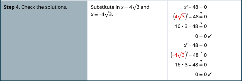 Step four, check the solutions by substituting each solution into the original equation. When x equals four square root of three, replace x in the original equation with four square root of three to get four square root of three squared minus 48 equals zero. Simplify the left side to get 16 times three minus 48 equals zero which simplifies further to zero equals zero, a true statement. When x equals negative four square root of three, replace x in the original equation with negative four square root of three to get negative four square root of three squared minus 48 equals zero. Simplify the left side to get 16 times three minus 48 equals zero which simplifies further to zero equals zero, also a true statement.