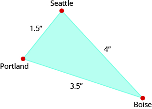 The above image is a triangle with one side labeled “Seattle, 4.5 inches”. The other side is labeled “Portland 3.5 inches”. The third side is labeled 1.5 inches. The vertex is labeled “Boise.”